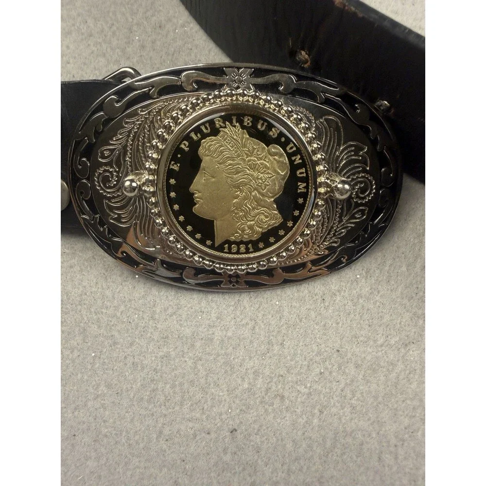 Men's Western Oval Metal Belt Buckle 1921 Morgan Silver  Coin E PLURIBUS UNUM
